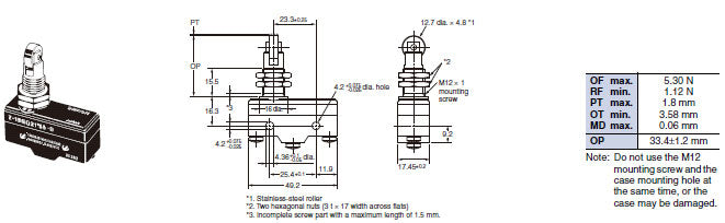 Z-15GQ22-B Industrial Snap Action Switch, Panel Mount, Plunger, Roller Actuator, SPDT