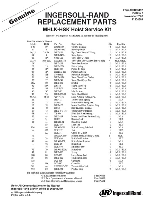 Ingersoll-Rand Hoist Rebuilt Kit MHLK-HSK